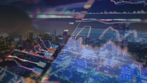 Digital Stock Trading Over Twilight Cityscape Stock Footage 337731768