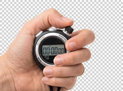 Digital stopwatch held by hand with zero time for timing sports athletic pr.. Stock Photos