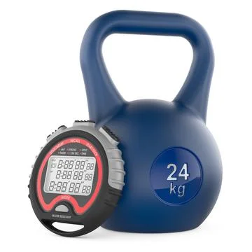 Digital stopwatch with kettlebell. 3D rendering Illustrazione stock
