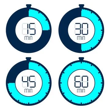 Digital stopwatch vector set fifteen thirty forty five sixty minutes Stock Illustration