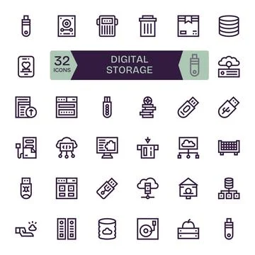 Digital Storage Essential Vector Set including 32 Display Perfect Bold Line.. Stock Illustration