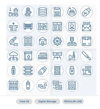 Digital Storage Professional Vector Set with 35 Regular Line Editable Retin.. Stock Illustration