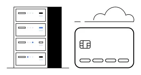Digital storage server with multiple racks next to a large credit card and cl Stock Illustration