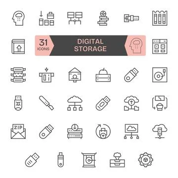 Digital Storage Vector Graphics Pack including 35 Regular Line High Resolut.. Stock Illustration