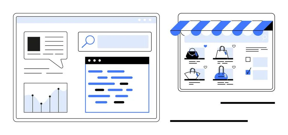 Digital store interface next to a data analytics dashboard showing graphs, up Stock Illustration
