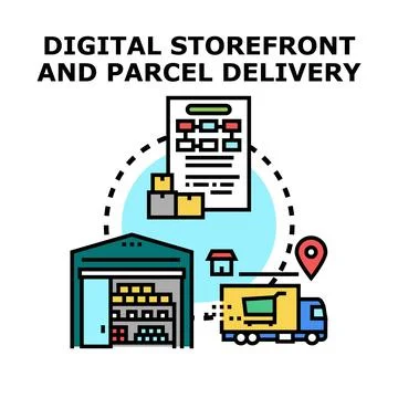 Digital storefront and parcel delivery logistics process Stock Illustration