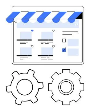 Digital storefront interface with product thumbnails, blue awning, and gears  Illustrazione stock