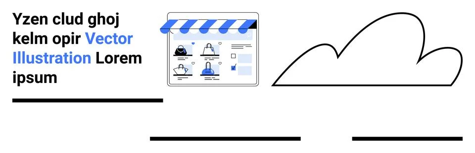 Digital storefront interface with user icons and abstract cloud illustration, Illustrazione stock