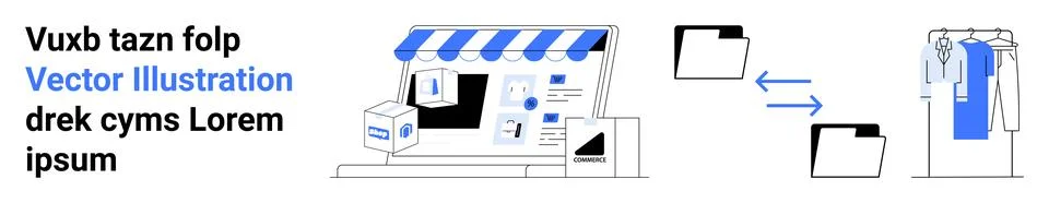 Digital storefront showcasing website elements, folders representing data org Stock Illustration