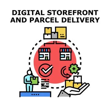 Digital storefronts and parcel delivery concept illustration Illustrazione stock