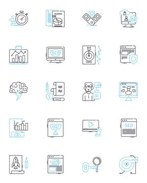 Digital strategy linear icons set. Optimization, Analytics, Innovation, Branding Illustrazione stock
