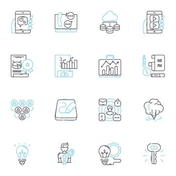 Digital strategy linear icons set. Optimization, Analytics, Innovation, Branding Stock Illustration