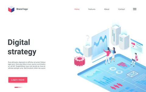 Digital strategy platform isometric landing page, people analyze trading market Иллюстрация