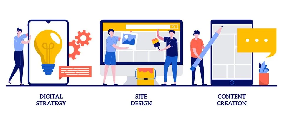 Digital strategy, site design, content creation concept with tiny people. O.. Stock Illustration
