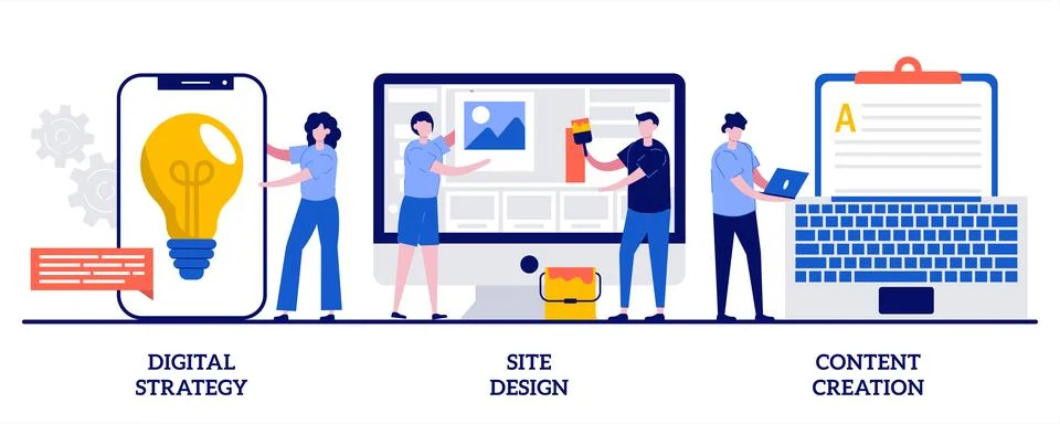 Digital strategy, site design, content creation concept with tiny people. O.. Stock Illustration
