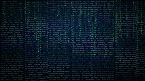 Digital stream of green and blue computer code scrolling on a dark screen Stock Footage 345765807