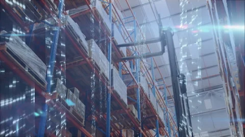 Digital streams drifting across racks when forklift mast and forks ascending and Stock Footage 309872531