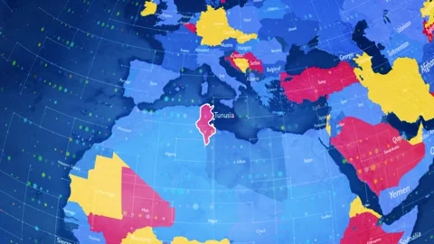 Digital Stylised World Map Country Zoom Tunisia Stock Footage 282900097