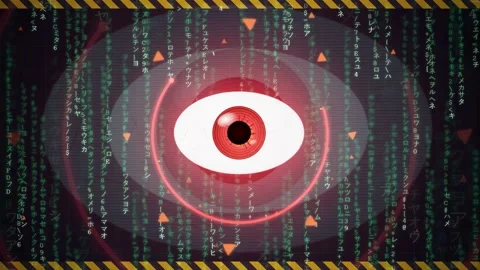 Digital surveillance concept with a glowing red eye and falling matrix code on Stockbeeldmateriaal 343164729