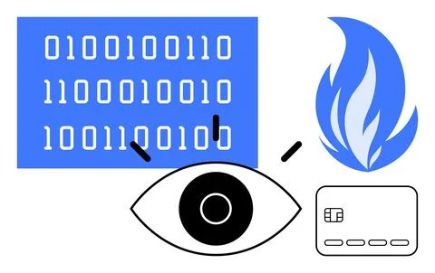 Digital Surveillance Eye Watching Binary Code, Flame, and Bank Card Illustr.. 스톡 일러스트