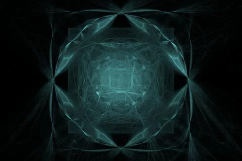 Digital symmetrical fractal pattern electrifying on black background 스톡 일러스트