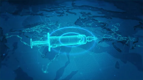 Digital Syringe Over World Map Futuristic Healthcare Concept Visualization Vídeos de archivo 342949321