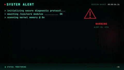 Digital System Alert Interface with Warning Signs and Scrolling Computer Code Video stock 345753838