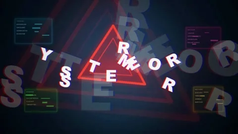 Digital system error glitch animation with red neon triangle and distorted Stock Footage 343160882