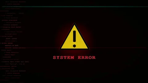Digital system error screen with warning sign and scrolling computer code on Stock-Footage 345765856