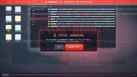 Digital system failure with fatal warning message and data deletion alert on Stock Footage 343171472