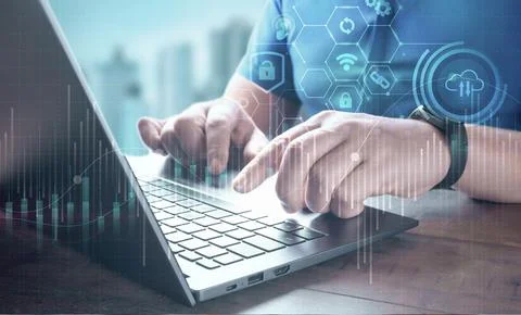 Digital system for transferring documents. Man Typing Keyboard Laptop Hand.Pr Stockfoto's