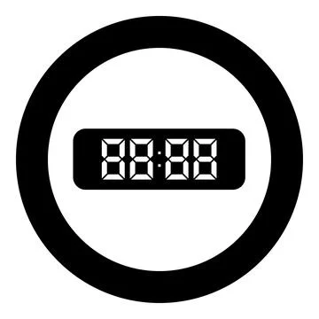 Digital table clock electronic display desk watch icon in circle round blac.. Illustrazione stock