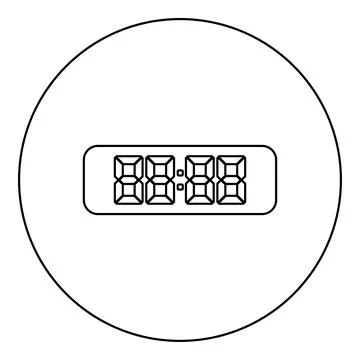 Digital table clock electronic display desk watch icon in circle round blac.. Illustrazione stock