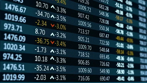 A digital table of stock market values, company indices are developing, growing Video stock 142524928