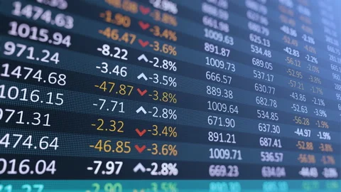 A digital table of stock market values, company indices are developing, growing Video stock 142525796