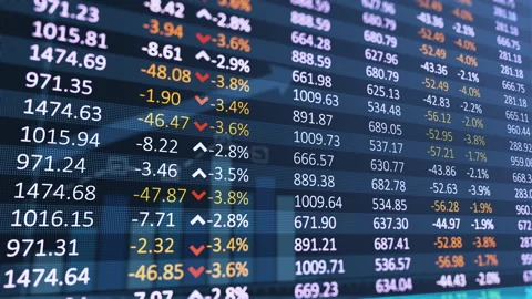 A digital table of stock market values, company indices are developing, growing Video stock 142526780