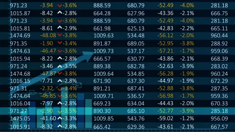 A digital table of stock market values, company indices are developing, growing Video stock 142527074
