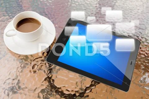 Digital tablet and cup of coffee on work table Stock Illustration