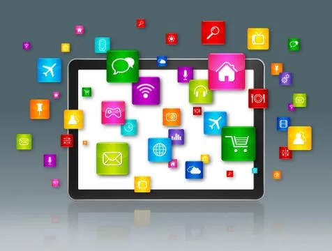 Digital Tablet and flying apps icons Stock Illustration