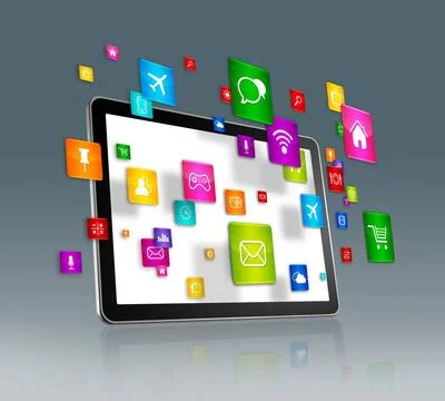 Digital Tablet and flying apps icons 3D Digital Tablet with flying apps ic... Stock Photos