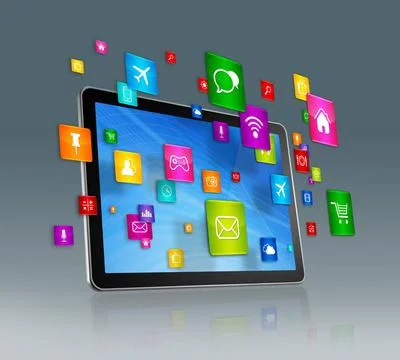 Digital Tablet and flying apps icons 3D Digital Tablet with flying apps ic... Foto stock