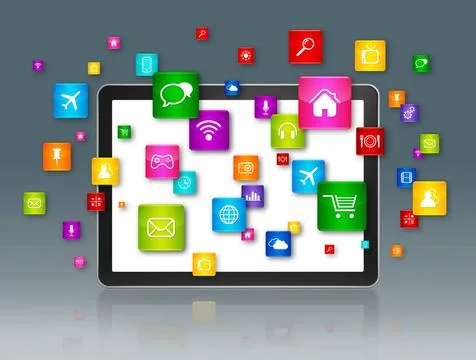 Digital Tablet and flying apps icons 3D Digital Tablet with flying apps ic... Stock Photos