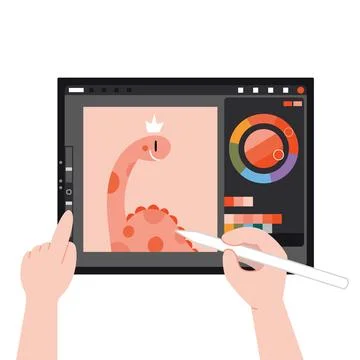 Digital tablet and hands drawing on it, graphic editor interface, palette and Stock Illustration