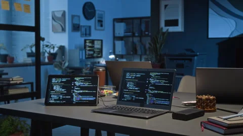 Digital Tablet and Laptop Displaying Codes, External Hard Drive and Notebooks Stock Footage 329611000