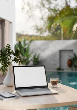 A digital tablet and phone placed next to coffee cup on wooden table beside.. Stock Illustration