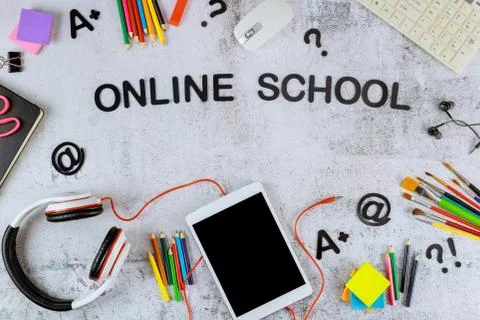 Digital tablet with black mockup screen for school education and art supplies Stock Photos
