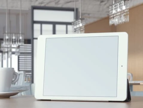 Digital tablet with blank screen on cafe table 库存插图