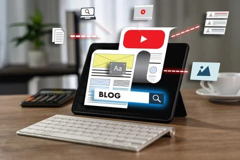 Digital tablet with blog creation interface and multimedia icons, represent.. Stock Photos