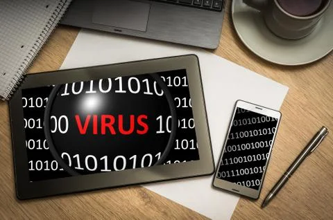 Digital tablet on business table with binary code with virus on screen and mo Stock Photos