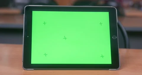 Digital tablet in case is on table, chromakey on display, front view. 스톡 동영상 205341241